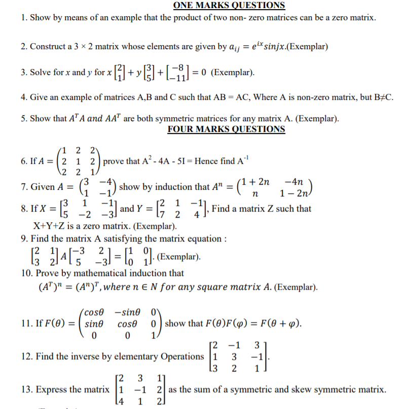 CBSE Class 12 Mathematics Matrices And Determinants Worksheet